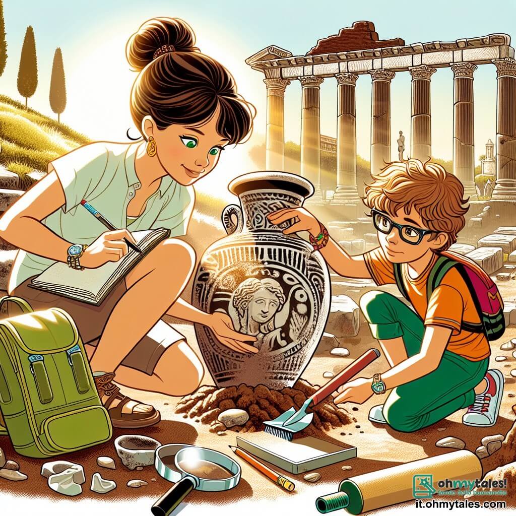 Une illustration sous forme de dessin destinée aux enfants représentant un site archéologique ensoleillé près de Rome, avec des ruines anciennes et des outils d'excavation éparpillés sur le sol, où une femme aux cheveux bruns bouclés et aux yeux verts, vêtue d'une chemise légère et d'un chapeau de soleil, est accroupie en train de brosser délicatement un vase en céramique décoré, tandis qu'un garçon aux cheveux blonds et aux lunettes, tenant un carnet et un crayon, observe avec émerveillement, et une jeune fille aux cheveux châtains, portant un t-shirt coloré et un sac à dos, aide à dégager la terre autour d'un ancien symbole gravé dans la pierre, illustrant ainsi la passion et l'excitation de la découverte archéologique.