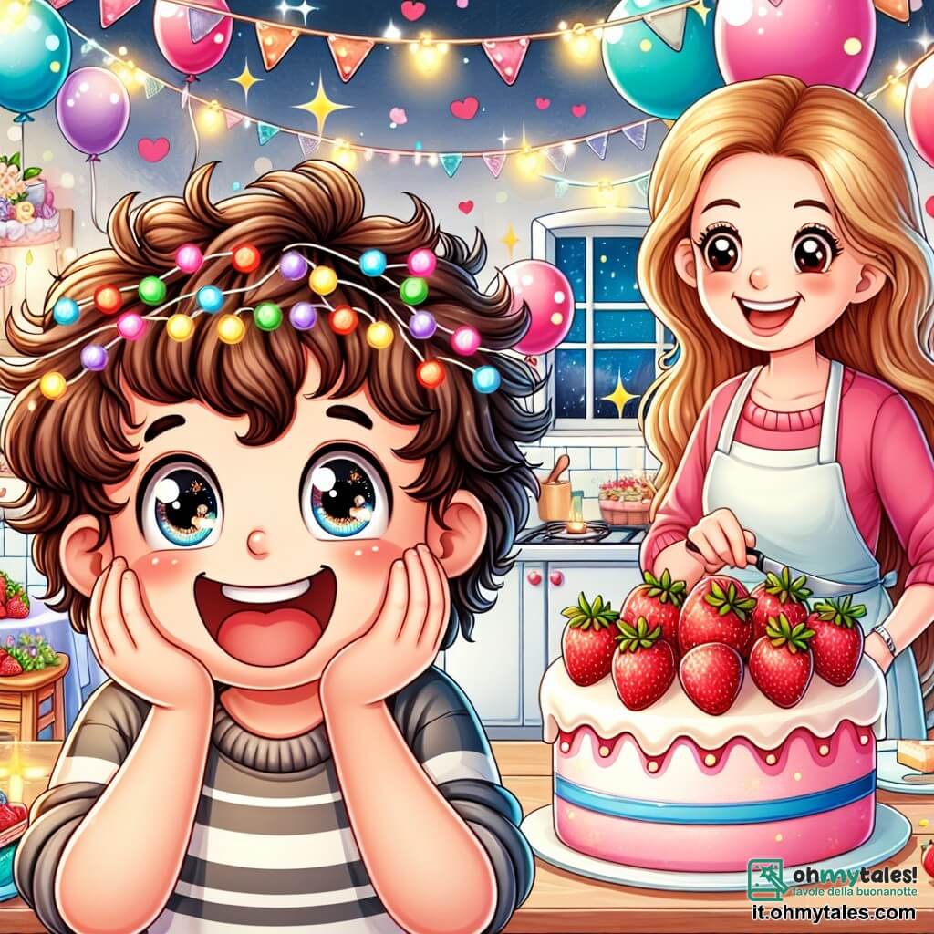 Une illustration destinée aux enfants représentant un garçon aux cheveux bouclés et aux yeux pétillants, débordant d'excitation dans une maison décorée de ballons multicolores et de guirlandes scintillantes, où il attend avec impatience l'arrivée de ses amis pour célébrer son anniversaire, tandis que sa maman, une femme souriante aux cheveux longs, prépare une délicieuse gâteau à la fraise dans une cuisine lumineuse et chaleureuse, pleine de senteurs sucrées et de rires.