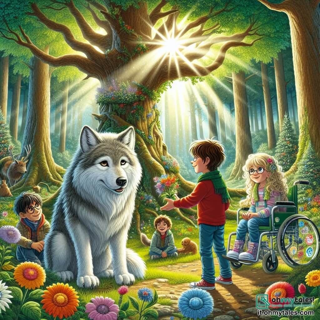 Illustrazione che rappresenta un prato soleggiato nel cuore di una foresta incantata, circondato da alberi maestosi con foglie verdi brillanti, con fiori colorati che danzano al vento. Al centro della scena, un lupo dal pelo morbido e argentato, con grandi occhi espressivi e tristi, seduto sotto una grande quercia, guarda i bambini con speranza. Alla sua destra, un ragazzo di circa 8 anni, con capelli castani disordinati e una maglietta rossa, si avvicina con un sorriso incoraggiante, tendendo una mano amichevole verso il lupo. Alla sua sinistra, una ragazza di 7 anni, con capelli biondi e ricci, seduta in una sedia a rotelle decorata con adesivi colorati, sorride con benevolenza, tenendo un mazzo di fiori magici. Sullo sfondo, un altro ragazzo di circa 9 anni, con occhiali e un maglione blu, osserva la scena con curiosità, pronto ad aiutare. L'atmosfera è piena di magia e amicizia, illustrando il momento in cui i bambini decidono di aiutare il lupo a spezzare il suo incantesimo.