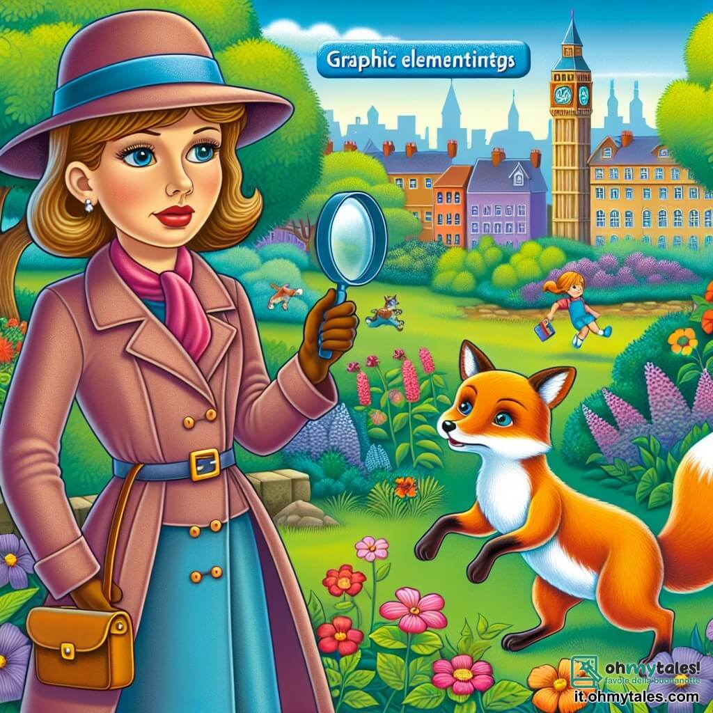 Une illustration destinée aux enfants représentant une femme détective intrépide, en train de résoudre le mystère des jouets disparus avec l'aide d'une volpe espiègle, dans le magnifique parc de la Città Felice, où les fleurs colorées dansaient au gré du vent.