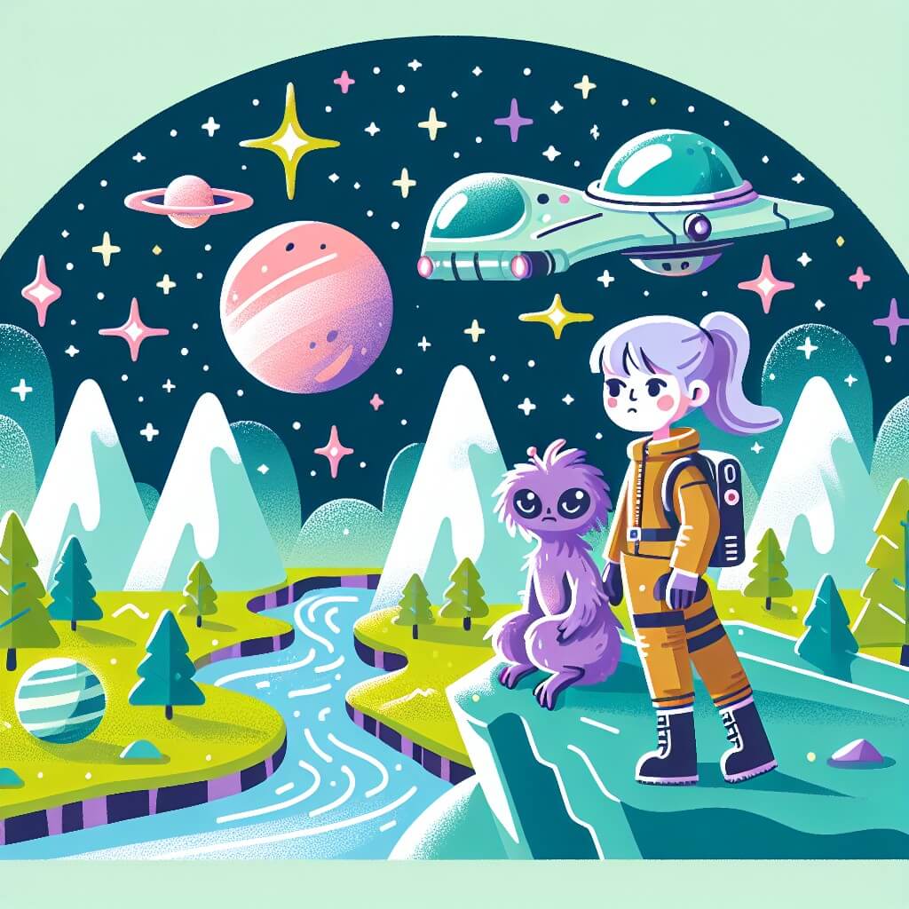 Une illustration destinée aux enfants représentant une femme audacieuse, explorant les confins de l'espace à bord de son vaisseau stellaire, accompagnée d'un adorable extraterrestre à la fourrure violette, surplombant une planète luxuriante aux montagnes scintillantes et aux rivières d'étoiles.