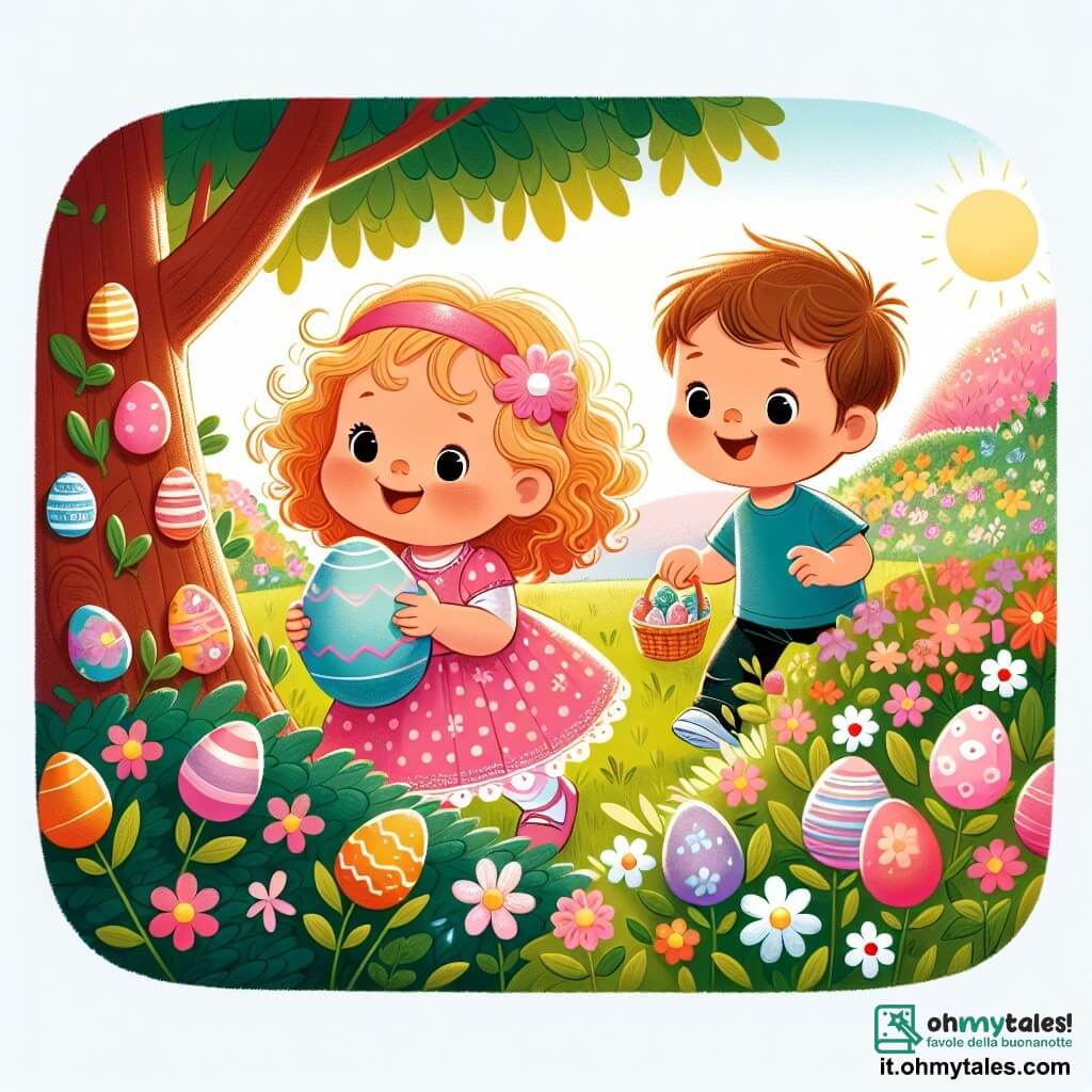 Une illustration sous forme de dessin destinée aux enfants représentant un jardin ensoleillé rempli de fleurs colorées et d'herbe verte, où une petite fille de 3 ans aux cheveux bouclés et blonds, vêtue d'une robe rose à pois, sourit joyeusement en tenant une grande œuf de Pâques décoré, tandis qu'à ses côtés, un garçon de 4 ans aux cheveux bruns et courts, portant un t-shirt bleu, l'aide à chercher d'autres œufs cachés sous un arbre, créant une ambiance festive et joyeuse de chasse aux œufs de Pâques.