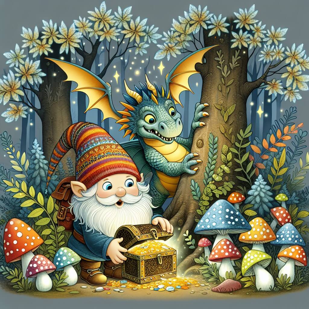 Une illustration destinée aux enfants représentant un lutin espiègle découvrant un trésor enchanté avec l'aide d'un drôle de dragon dans une forêt mystérieuse, où les arbres sont habillés de feuilles scintillantes et les champignons ressemblent à de petits parapluies colorés.