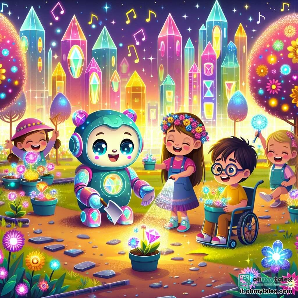 Illustrazione che rappresenta un parco futuristico in una città luminosa, con case colorate a forma di cristalli scintillanti e alberi con foglie brillanti che sembrano danzare al vento. Al centro, un grande robot a forma di orso di peluche, con occhi dolci e un sorriso caloroso, aiuta tre bambini a piantare fiori luminescenti. C'è una ragazza di circa 8 anni, con lunghi capelli castani e un grande sorriso, che indossa un vestito colorato, tiene una pala e ride gioiosamente. Accanto a lei, un'altra ragazza di 7 anni, con capelli biondi e un bel cerchietto floreale, salta di gioia tenendo un vaso di fiori brillanti. Infine, un ragazzo di circa 9 anni, con occhiali e capelli corti, è seduto su una sedia a rotelle scintillante, mentre dirige un piccolo robot che annaffia i fiori. L'atmosfera è gioiosa e piena di colori vivaci, con raggi di sole che illuminano la scena e note musicali che fluttuano nell'aria, creando un'atmosfera magica e amichevole.