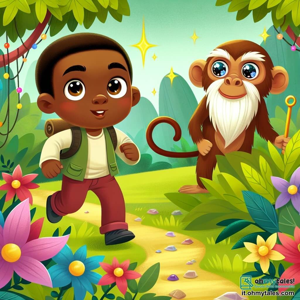 Une illustration destinée aux enfants représentant un jeune homme courageux en quête d'un trésor légendaire, guidé par une sage scimmia aux yeux brillants à travers une radura incantata où fiori colorati dansent al ritmo del vento.