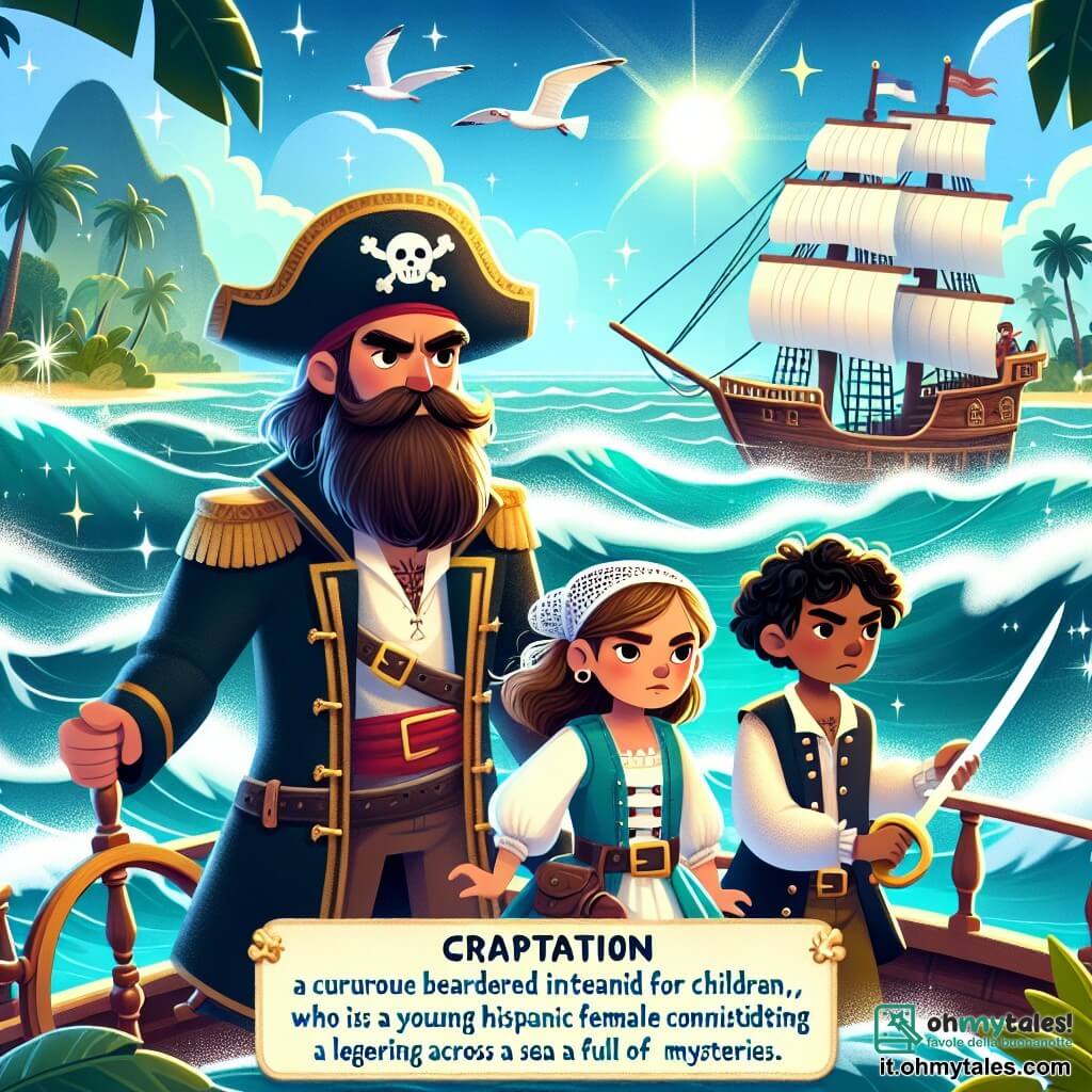 Une illustration destinée aux enfants représentant un courageux capitaine barbu, une jeune moussaillonne, et leur équipage, naviguant à travers des vagues tumultueuses et des îles mystérieuses, à la recherche d'un trésor légendaire sur une mer scintillante et pleine de mystères.