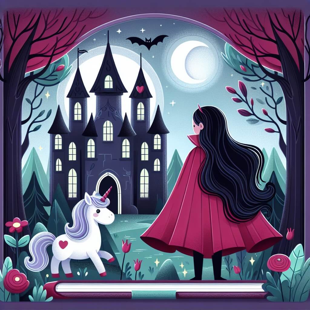 Une illustration destinée aux enfants représentant une silhouette mystérieuse aux longs cheveux noirs, vêtue d'une cape écarlate, se tenant devant un château abandonné, tandis qu'un rayon de lune illumine la forêt enchantée où se déroule cette histoire, accompagnée d'un adorable petit unicorne.