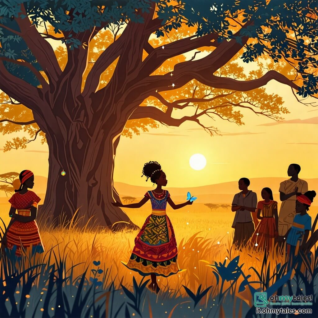 Illustrazione che rappresenta una radura incantata nel cuore della savana, immersa nella luce dorata del sole al tramonto. Alberi maestosi, le cui foglie danzano dolcemente al vento, circondano una grande quercia con rami estesi, creando un'atmosfera magica. Al centro della scena, una giovane donna dagli occhi scintillanti e dalla pelle dorata, vestita con un abito colorato decorato con motivi africani, danza gioiosamente. I suoi capelli sono intrecciati con perline scintillanti e tiene in mano un amuleto a forma di farfalla che brilla. Intorno a lei, un gruppo di uomini e donne di età compresa tra i 30 e i 50 anni, tutti vestiti con abiti tradizionali, la osservano con sorrisi benevoli. Alcuni suonano tamburi, mentre altri cantano in armonia, creando un'atmosfera festosa e calorosa. La scena principale mostra la giovane donna celebrare la diversità culturale, circondata da risate e musica, mentre i colori vivaci dei vestiti e degli strumenti aggiungono un tocco di gioia ed energia all'illustrazione. Fiori colorati e animali della savana, come zebre ed elefanti, possono essere visti sullo sfondo, rafforzando l'idea di un'armonia tra natura e cultura.
