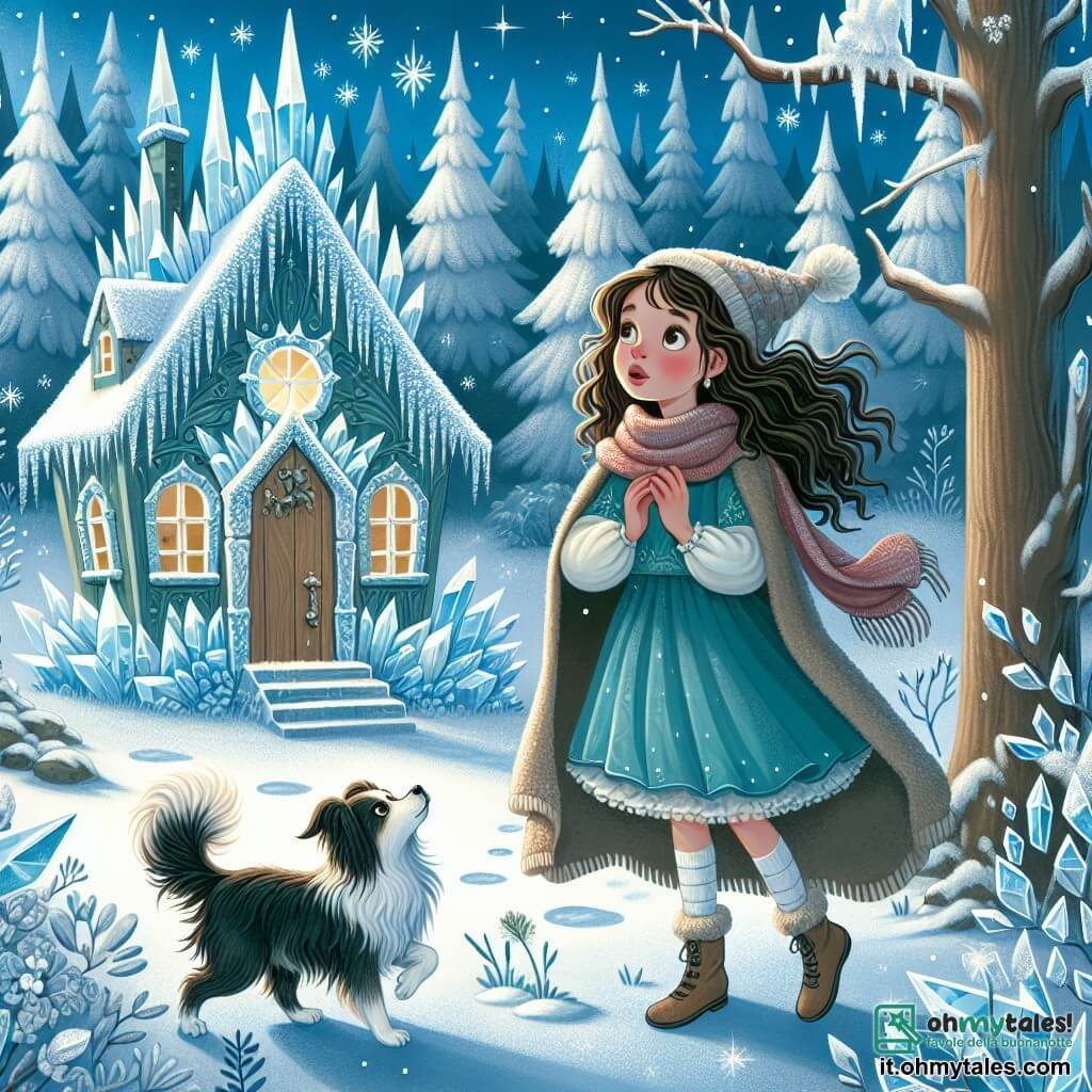 Une illustration destinée aux enfants représentant une fille aux cheveux bruns, émerveillée par la découverte d'une maison enchantée faite de cristaux de givre, accompagnée de son fidèle chien, dans une radura magique entourée d'arbres enneigés.