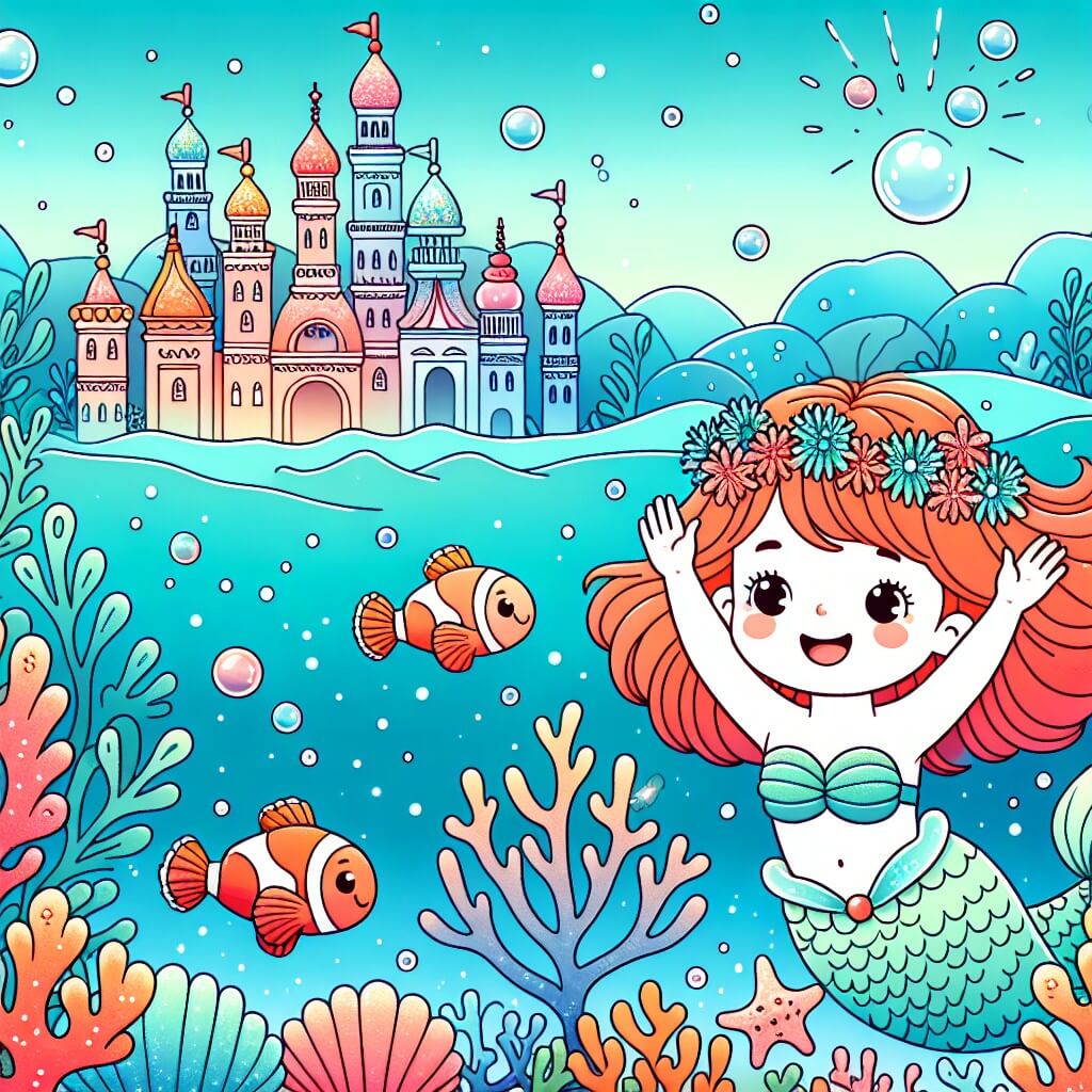 Une illustration destinée aux enfants représentant une sirène espiègle découvrant un monde sous-marin enchanté, accompagnée d'un poisson clown joyeux, dans une ville sous-marine aux palais de conchiglie scintillantes et aux arbres de corail multicolores.