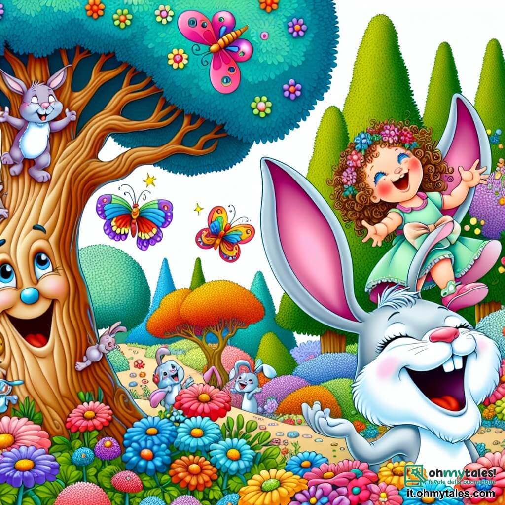 Une illustration sous forme de dessin destinée aux enfants représentant un jardin magique rempli de fleurs colorées et d'arbres aux formes étranges, où une petite fille d'un an aux cheveux bouclés et aux yeux pétillants joue joyeusement derrière un grand arbre rieur, tandis qu'un grand et drôle de lapin aux grandes oreilles blanches compte en se cachant les yeux, et une farfalla colorée virevolte autour d'eux, le tout dans une ambiance joyeuse et ludique, capturant l'esprit d'une aventure fantastique et humoristique.