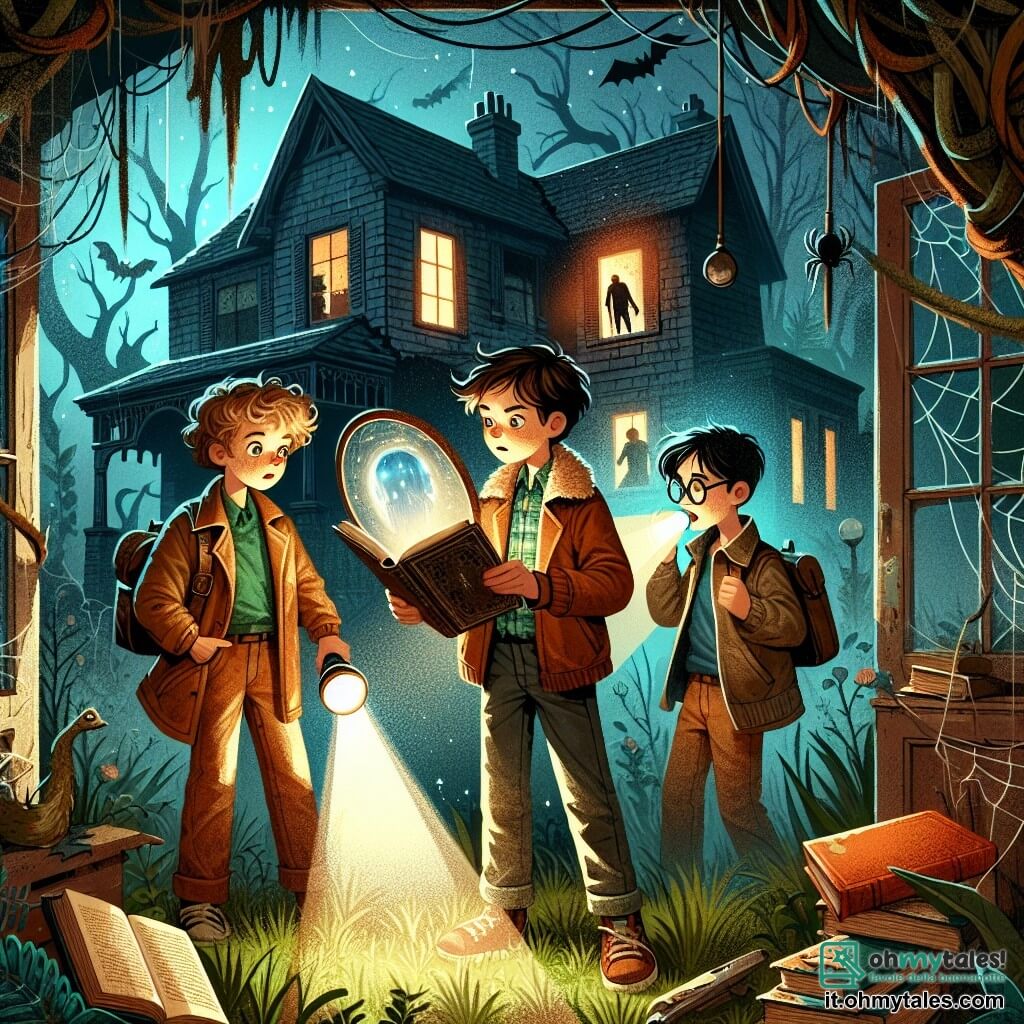 Illustrazione che rappresenta una vecchia casa abbandonata, circondata da un giardino invaso da erbacce e alberi contorti, con finestre rotte che lasciano passare ombre misteriose. All'interno, tre bambini si trovano in una stanza buia: un ragazzo di dodici anni con capelli ricci e occhi scintillanti, che tiene una torcia che illumina il suo viso curioso; un ragazzo di dodici anni con occhiali e un'espressione riflessiva, che sfoglia un vecchio libro polveroso; e un ragazzo di dodici anni, con uno sguardo determinato, che esamina una chiave arrugginita appena trovata. Sono tutti vestiti con abiti da avventura, con giacche di pelle e pantaloni consumati. La scena cattura il momento in cui scoprono uno specchio misterioso e brillante, circondato da una luce blu, mentre una voce eterea sembra chiamarli all'interno. Ragnatele e libri sparsi aggiungono un'atmosfera di mistero e avventura a questa illustrazione affascinante.