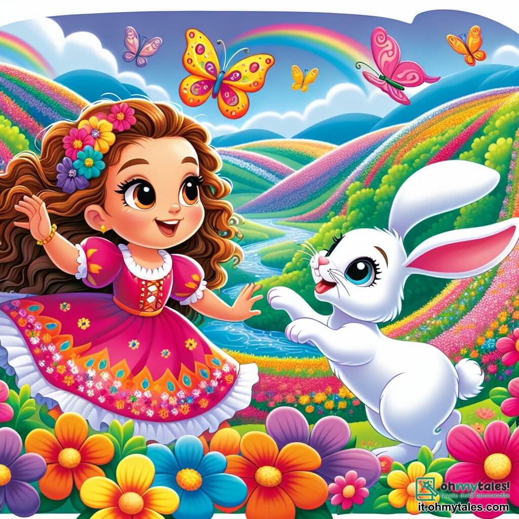 Une illustration sous forme de dessin destinée aux enfants représentant une vallée enchantée aux couleurs vives, avec des fleurs qui dansent au gré du vent, où une fille de 7 ans aux cheveux bouclés et aux yeux pétillants, vêtue d'une robe colorée, sourit joyeusement en jouant avec un coniglio bianco aux grandes oreilles, tandis qu'une farfalla dai mille colori vole autour d'eux, le tout capturant le moment magique où ils découvrent la beauté de l'amitié et de la joie dans un monde rempli de merveilles.