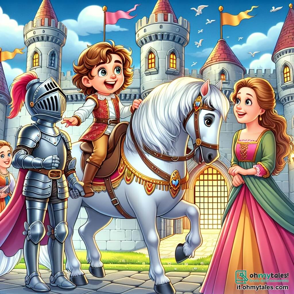Une illustration sous forme de dessin destinée aux enfants représentant un grand château médiéval avec des tours majestueuses et des drapeaux flottants, où une petite fille de 5 ans aux cheveux châtains bouclés et vêtue d'une robe colorée, souriante et émerveillée, monte sur un cheval blanc, tandis qu'un jeune chevalier en armure brillante l'encourage avec un grand sourire, et une dame en robe longue observe la scène avec bienveillance, le tout évoquant l'esprit d'aventure et de découverte d'un voyage dans le temps.
