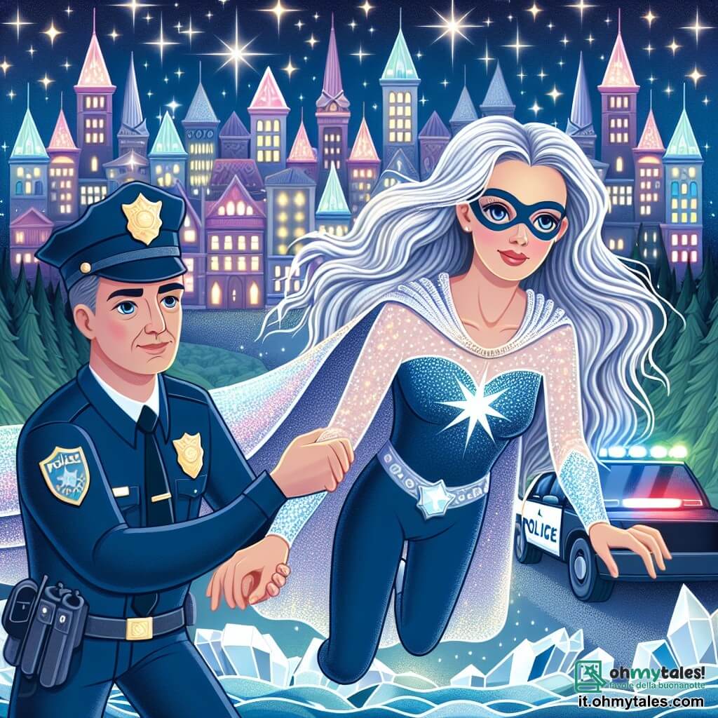Une illustration destinée aux enfants représentant une super-héroïne aux cheveux argentés brillants, une situation de danger imminent avec l'aide d'un policier courageux, dans la ville scintillante de Cristallia, où les bâtiments sont faits de cristaux étincelants et le ciel est constellé d'étoiles lumineuses.