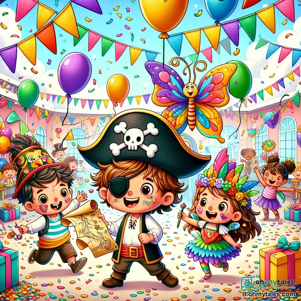 Illustrazione che rappresenta una scena festiva di carnevale in una scuola colorata, con decorazioni brillanti e colorate, palloncini fluttuanti e festoni di carta. Al centro, un ragazzo di 5 anni, con capelli castani disordinati e un grande sorriso, indossa un costume da pirata con una camicia bianca, un gilet nero e una benda sull'occhio. Tiene una mappa del tesoro tra le mani, con gli occhi scintillanti di eccitazione. Accanto a lui, una ragazza di 6 anni, vestita da farfalla con ali multicolori, balla gioiosamente, mentre un ragazzo di 5 anni, travestito da mago con un cilindro e un mantello, alza la sua bacchetta magica, pronto ad aiutarli nella loro avventura. La scena è animata da bambini che ridono e giocano intorno a loro, con coriandoli che cadono dal cielo, creando un'atmosfera di gioia e avventura. Sullo sfondo si vedono tavoli pieni di dolci e maschere colorate, che aggiungono all'atmosfera festiva del carnevale.