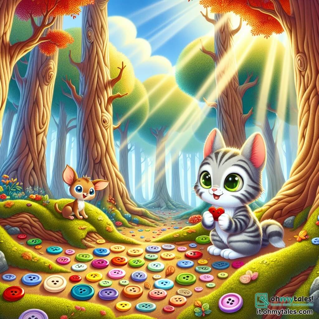 Illustrazione che rappresenta una scena magica in una foresta incantata, dove grandi alberi dai tronchi contorti si ergono verso un cielo blu punteggiato di nuvole bianche e soffici. Il terreno è coperto da un tappeto di foglie colorate, che vanno dal rosso vivo all'arancio brillante, e raggi di sole filtrano attraverso i rami, illuminando la scena con una dolce luce dorata. Al centro dell'immagine, un gatto con pelo grigio striato di bianco, con occhi verdi brillanti di curiosità, è seduto su una grossa pietra ricoperta di muschio. Guarda con fascinazione un piccolo mucchio di bottoni multicolori sparsi davanti a lui, con le zampe anteriori leggermente sollevate come se fosse pronto a esplorare questo tesoro. Accanto a lui, un piccolo topinambur marrone, con grandi orecchie e occhi brillanti, è accovacciato, tenendo un bottone rosso a forma di cuore tra le zampe. Sorride con entusiasmo, condividendo il suo sogno di creare un vestito unico per la grande competizione di moda degli animali. La scena principale mostra il gatto e il piccolo topinambur intenti a esplorare, circondati da bottoni scintillanti, mentre farfalle colorate volano attorno a loro, aggiungendo un tocco di magia a questo incontro amichevole. Fiori selvatici dai colori vivaci punteggiano il terreno, e una leggera brezza fa danzare le foglie degli alberi, creando un'atmosfera gioiosa e giocosa.