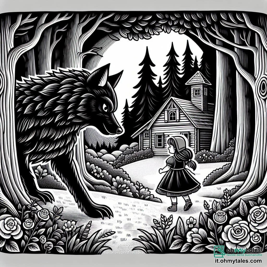 Une illustration destinée aux enfants représentant une jeune fille courageuse confrontant un grand méchant loup dans une forêt sombre et mystérieuse, avec en arrière-plan la petite maison en bois de la grand-mère de la fille, entourée de prairies fleuries et de grands arbres majestueux.