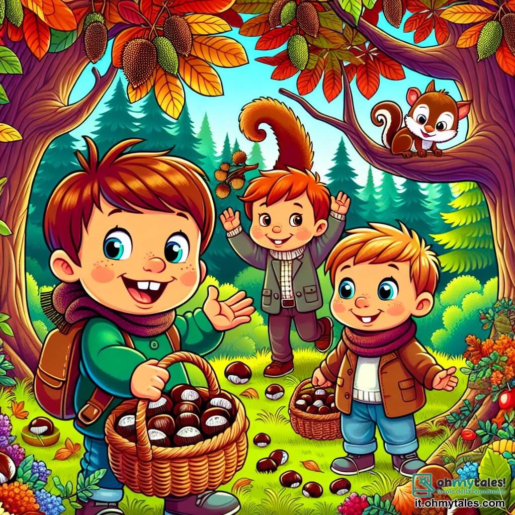 Une illustration destinée aux enfants représentant un petit garçon joyeux qui part à la cueillette des castagnes avec sa famille dans une forêt magique aux couleurs flamboyantes de l'automne, accompagné d'un écureuil espiègle qui les observe depuis les branches des arbres.