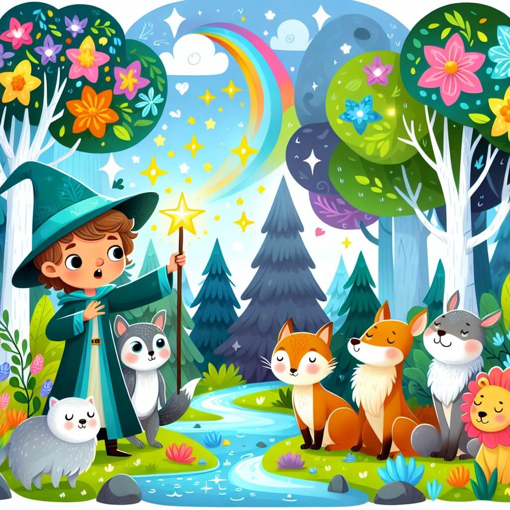 Une illustration destinée aux enfants représentant un apprenti sorcier, entouré d'animaux parlants, explorant une forêt magique remplie d'arbres colorés, de fleurs lumineuses et de ruisseaux étincelants.