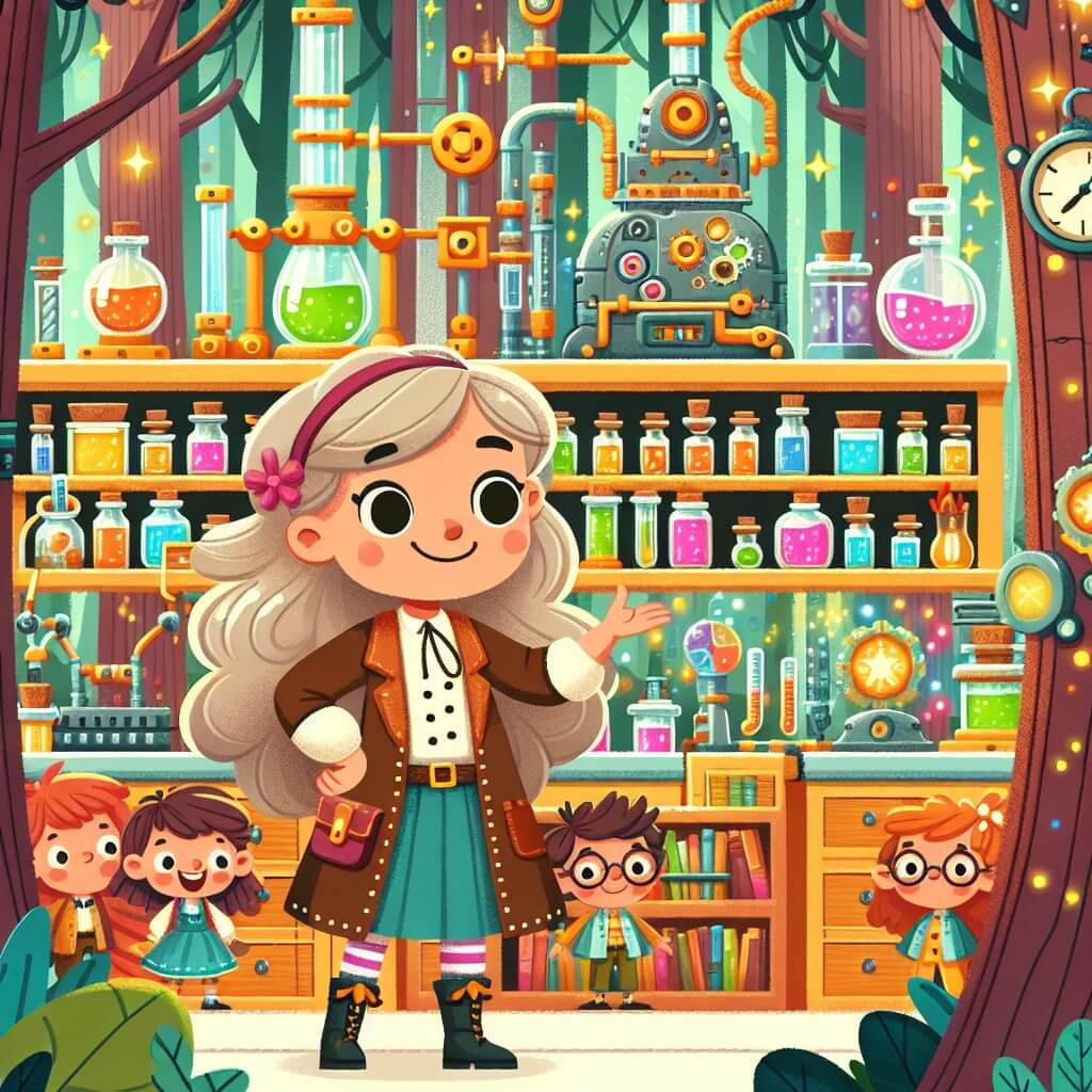 Une illustration destinée aux enfants représentant une femme inventrice, entourée de ses amis, dans un laboratoire secret rempli d'étagères remplies de bocaux colorés, d'outils étincelants et de machines fantastiques, situé au cœur d'une forêt enchantée où les arbres semblent murmurer des idées créatives.