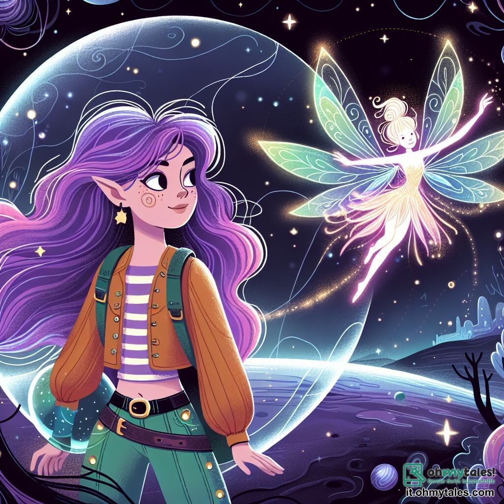 Une illustration destinée aux enfants représentant une jeune femme aux cheveux viola brillants, accompagnée d'une fée spatiale lumineuse, explorant un sombre et mystérieux planète entourée d'une aura magique, dans une galaxie lointaine.