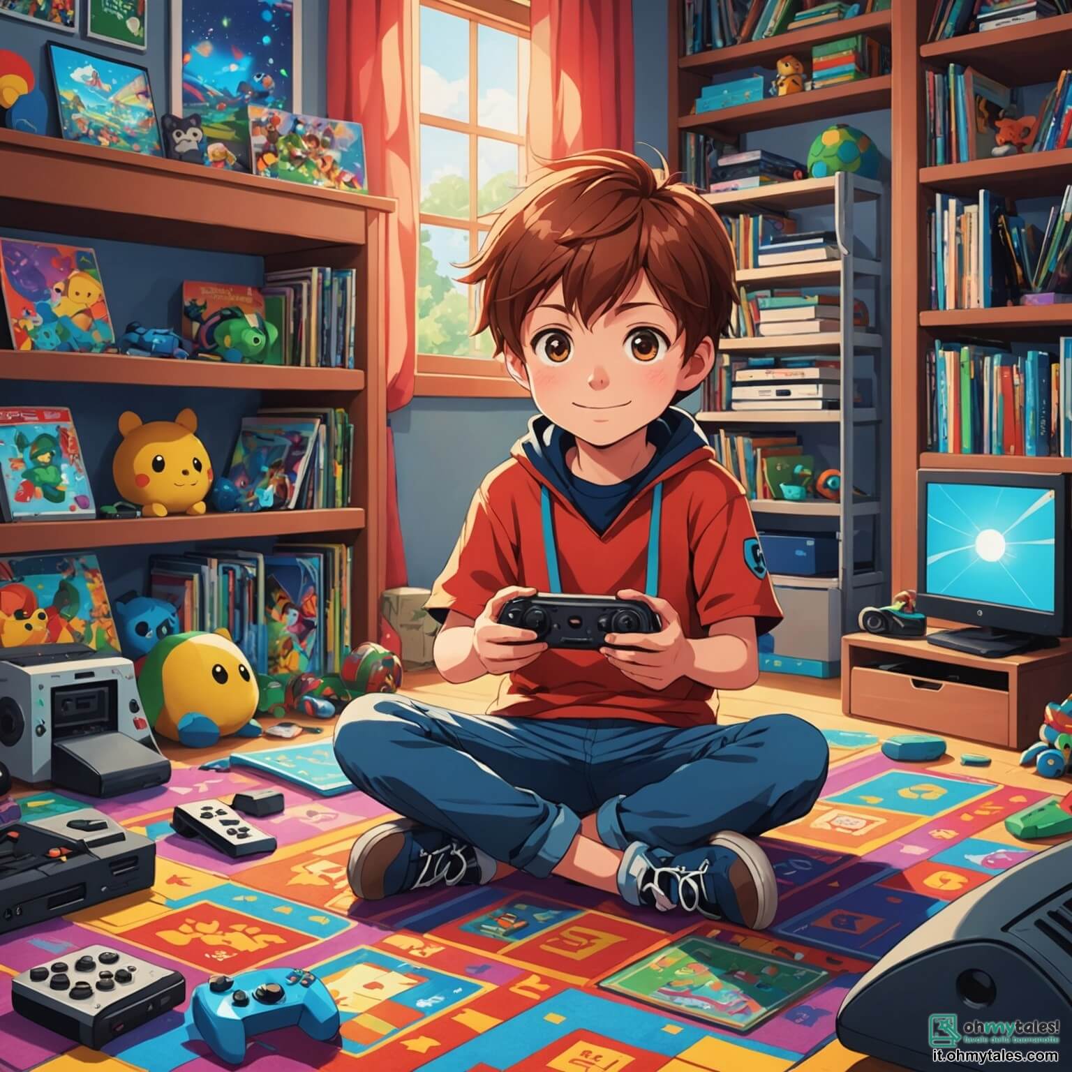 Une illustration destinée aux enfants représentant un garçon aux cheveux châtains et aux yeux pétillants, assis sur un tapis coloré dans sa chambre remplie de posters de jeux vidéo, entouré de jouets éparpillés, tandis qu'il est absorbé par l'écran lumineux de son ordinateur, où des aventures virtuelles l'appellent, mais où il découvre peu à peu l'importance de sortir et de jouer avec ses amis, dont une fille souriante aux cheveux bouclés qui l'encourage à quitter son monde numérique pour explorer le parc verdoyant et ensoleillé, rempli d'arbres majestueux, de fleurs éclatantes et de rires d'enfants, où ils peuvent courir, jouer au ballon et partager des moments inoubliables.