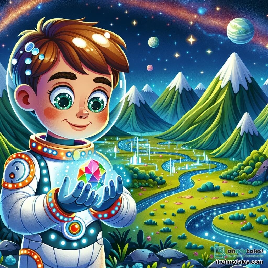 Une illustration sous forme de dessin destinée aux enfants représentant un paysage futuriste sur le planète Zaffiro, avec des montagnes verdoyantes et des rivières scintillantes sous un ciel bleu éclatant, où un homme aux cheveux bruns et aux yeux pétillants, vêtu d'une combinaison spatiale blanche ornée de lumières colorées, est en train de tenir un mystérieux cristal brillant dans ses mains, tandis qu'un robot amical, de forme humanoïde avec des yeux ronds et un sourire, l'observe avec curiosité, le tout illustrant leur découverte d'une source d'énergie magique qui pourrait transformer leur nouvelle colonie.