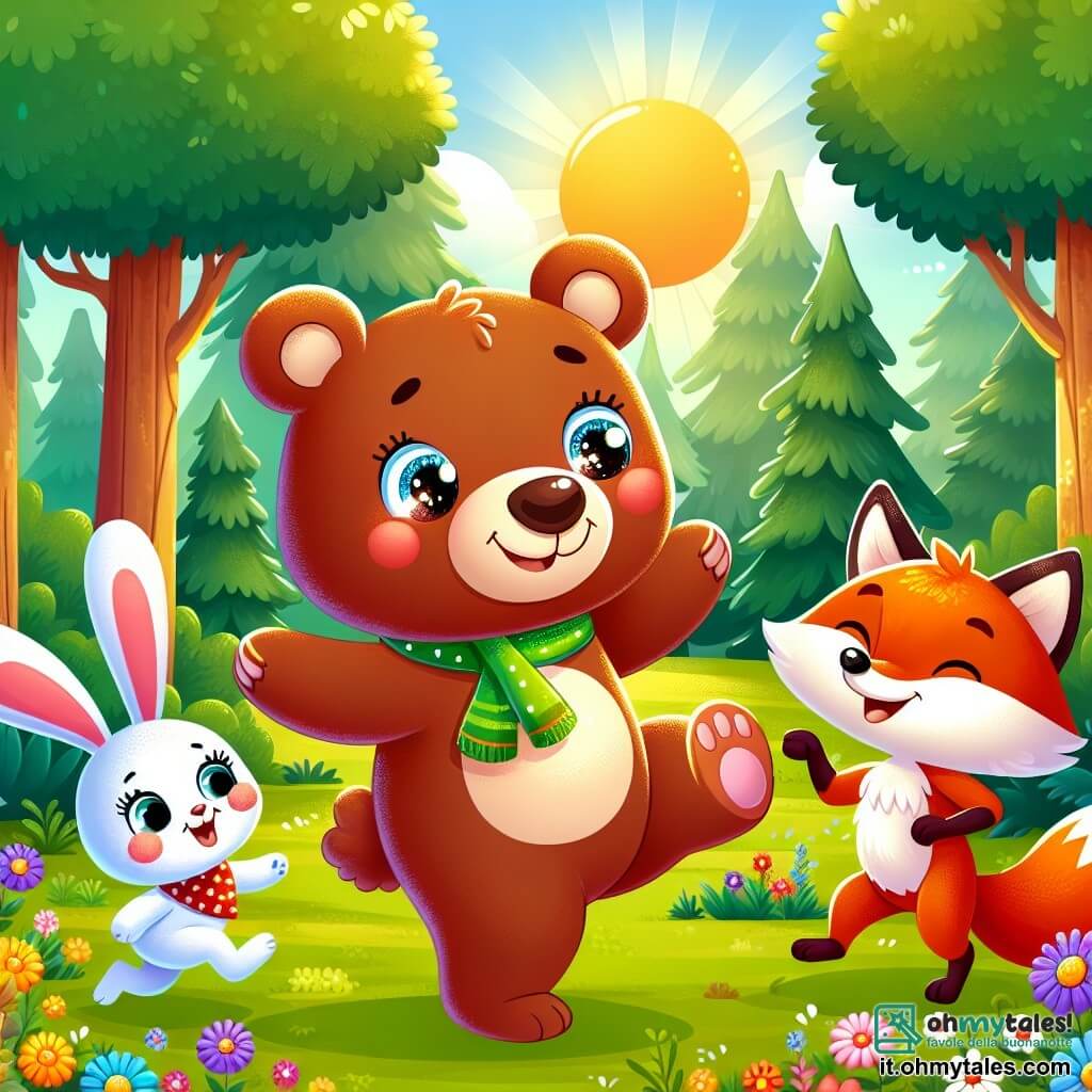 Une illustration sous forme de dessin destinée aux enfants représentant une clairière ensoleillée dans une forêt verdoyante, où un ours brun aux yeux pétillants et au sourire joyeux, vêtu d'un chapeau coloré et d'une écharpe brillante, danse en faisant des pirouettes maladroites, tandis qu'un petit lapin blanc aux grandes oreilles et une renarde rousse aux yeux malicieux l'encouragent en riant, créant une atmosphère joyeuse et ludique, remplie de fleurs colorées et d'arbres majestueux.