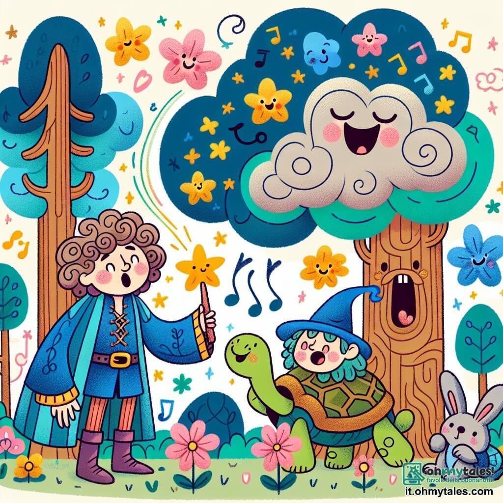 Une illustration sous forme de dessin destinée aux enfants représentant une forêt enchantée, avec des arbres aux troncs torsadés et des fleurs colorées qui chantent, où un jeune sorcier aux cheveux bouclés et à la tunique bleue, tenant une grande baguette magique, tente de calmer des nuages rieurs qui dansent dans le ciel, tandis qu'un petit lapin aux grandes oreilles et une sage tortue au regard malicieux l'observent avec curiosité, créant une scène à la fois magique et amusante.