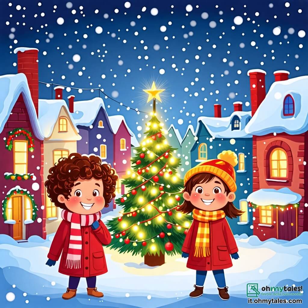Illustrazione che rappresenta un affascinante villaggio innevato, con case colorate dai tetti coperti di neve scintillante. Al centro, un grande albero di Natale illuminato brilla di mille luci, circondato da ghirlande colorate e fiocchi di neve che cadono dolcemente. Tre bambini sono in primo piano: un ragazzo di circa 8 anni, con capelli castani e ricci, sorridente con le guance arrossate dal freddo, indossa un cappotto rosso vivo e una sciarpa a righe. Accanto a lui, una ragazza di circa 7 anni, con due lunghe trecce, vestita con un cappotto rosa e un berretto con pompon, ride gioiosamente. Infine, un ragazzo di 9 anni, con una gamba di legno, indossa pantaloni blu e un maglione a righe, che balla con entusiasmo. I bambini stanno costruendo un grande pupazzo di neve, chiamato Frosty, che ha un grande sorriso, un cappello nero e una sciarpa colorata. Palline di neve sono sparse attorno a loro, e l'atmosfera è piena di gioia e amicizia, con fiocchi di neve che cadono dolcemente su questa scena invernale magica.