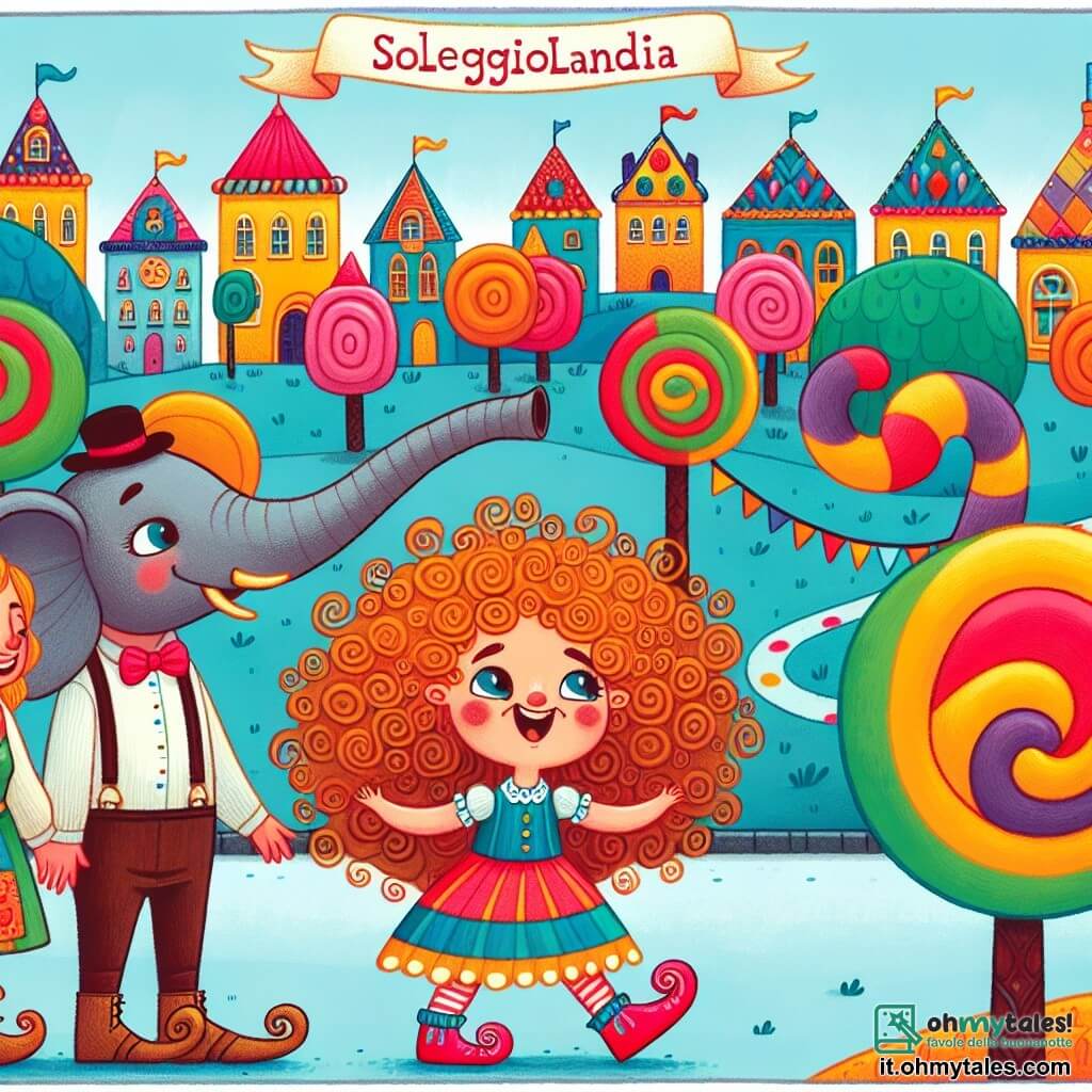 Une illustration destinée aux enfants représentant une fille aux cheveux bouclés, se retrouvant avec des pieds d'éléphant, accompagnée de ses parents rieurs, dans la ville colorée de Soleggiolandia, où les maisons ont des toits en forme de bonbons et les arbres sont en forme de sucettes.