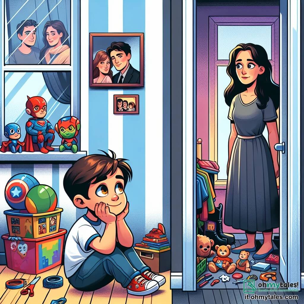 Une illustration sous forme de dessin destinée aux enfants représentant un appartement coloré au troisième étage, avec un garçon de 7 ans aux cheveux bruns et aux yeux pétillants, assis sur le sol de sa chambre, entouré de jouets et de posters de super-héros, l'air pensif alors qu'il regarde une photo de famille accrochée au mur, tandis que sa maman, une femme aux cheveux longs et blonds, se tient à la porte avec une expression douce mais préoccupée, illustrant la situation délicate de la séparation familiale et le mélange d'émotions d'un enfant qui apprend à naviguer entre deux mondes.