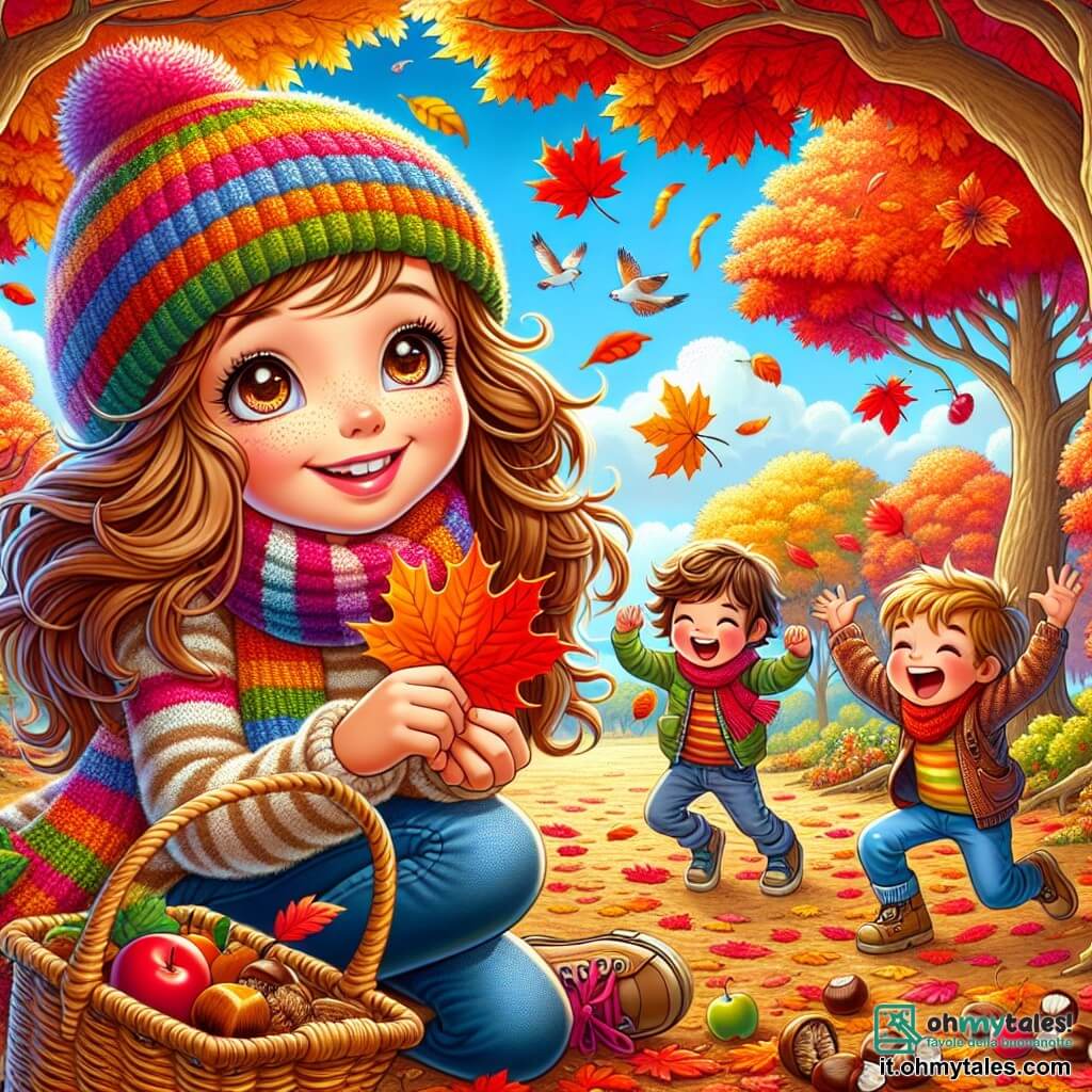 Illustrazione che rappresenta un parco in autunno, con alberi maestosi dalle foglie infuocate di colori rosso, arancio e giallo, e un terreno coperto di foglie secche che scricchiolano sotto i passi. Al centro dell'immagine, una ragazza di 11 anni, con lunghi capelli castani e occhi scintillanti, indossa un maglione colorato e una sciarpa a righe. È accovacciata, meravigliata, mentre raccoglie una foglia d'acero dai toni vivaci, con un sorriso radioso sul viso. Nei pressi, due ragazzi di circa 10 anni, uno con capelli biondi e l'altro con capelli castani, stanno giocando a lanciare foglie in aria, ridendo di gusto. L'atmosfera è gioiosa e piena di vita, con un cielo blu chiaro e alcune nuvole bianche che fluttuano, e uccelli che volano sopra gli alberi. Ulteriori elementi grafici includono un cesto di vimini pieno di tesori autunnali come castagne e mele, oltre a un sentiero tortuoso bordato di cespugli con bacche rosse.