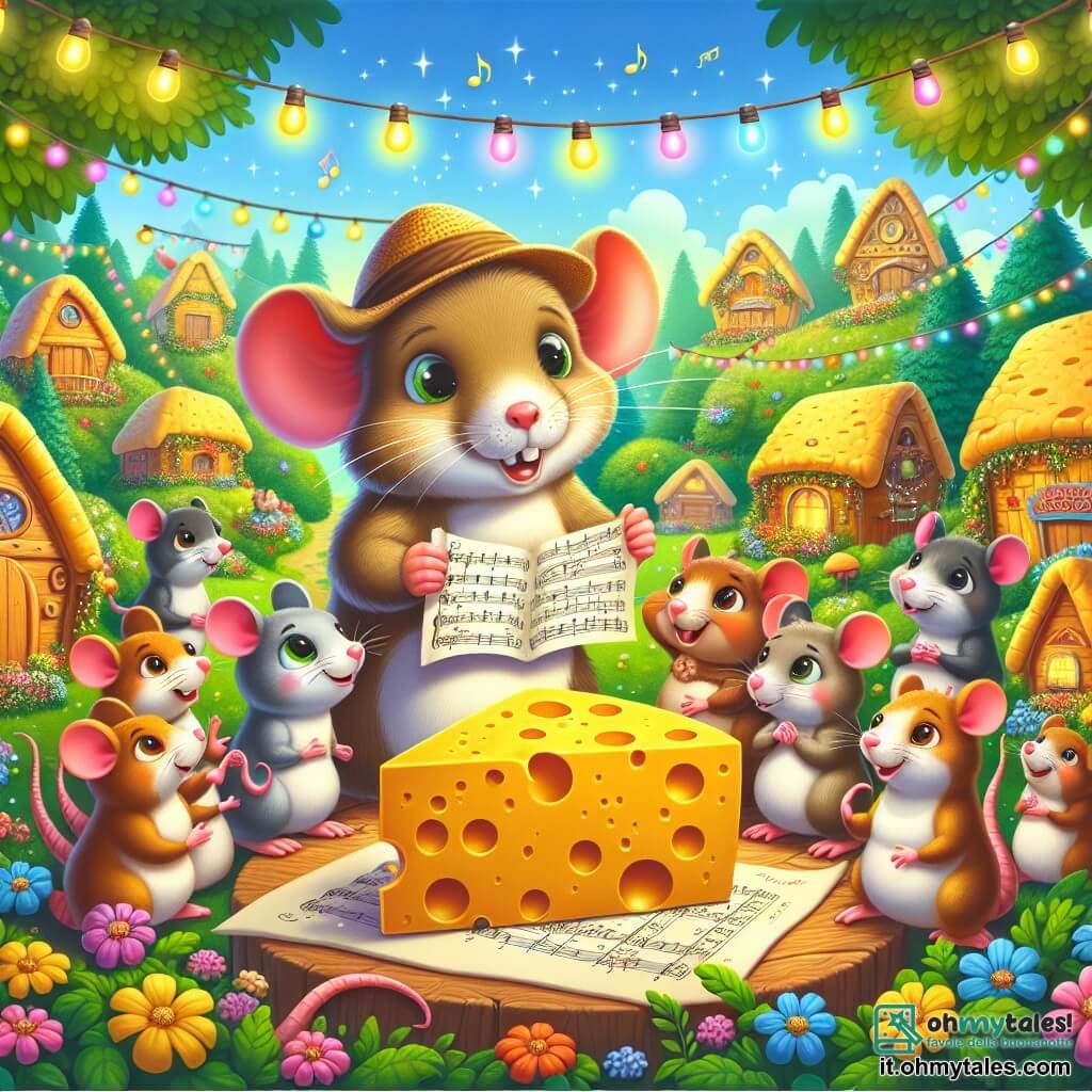 Illustrazione che rappresenta una scena vibrante in un villaggio di roditori, Rattopolis, dove case a forma di formaggio sono circondate da fiori colorati e alberi verdi. Al centro, un piccolo ratto dal pelo marrone chiaro, con un cappello di paglia in testa e una mappa tra le zampette, guarda con curiosità un grande formaggio dorato su un tavolo. Accanto a lui, un gruppo di roditori dagli occhi brillanti, tra cui un topolino con grandi orecchie e un vecchio ratto con occhiali, si anima attorno a lui, tutti con espressioni di eccitazione e intrigo. La situazione principale mostra il ratto mentre propone un piano per ritrovare il formaggio rubato, mentre note musicali fluttuano nell'aria, evocando l'atmosfera festosa del villaggio. Sullo sfondo, festoni luminosi e palloncini colorati aggiungono un tocco gioioso a questa scena piena di vita e amicizia.