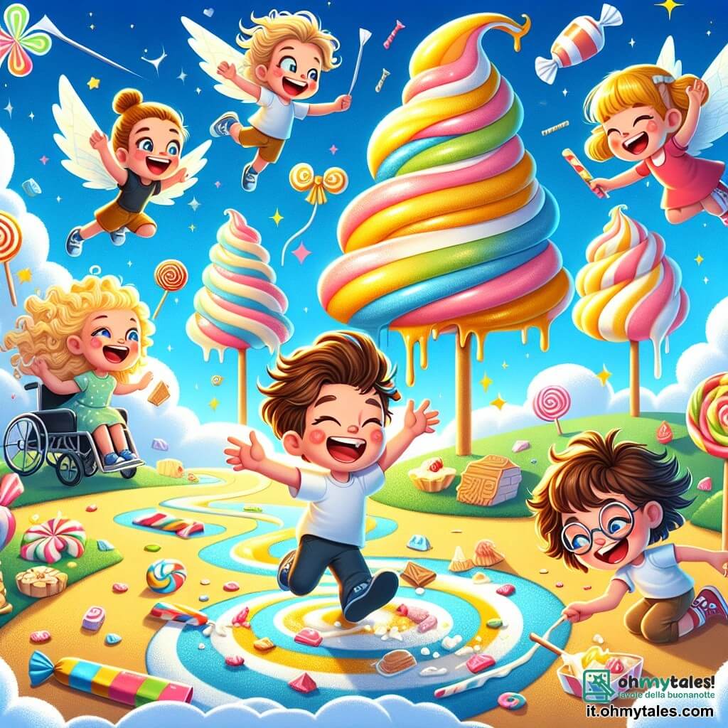Illustrazione che rappresenta un mondo fantastico pieno di dolcezze, dove alberi di zucchero filato si ergono sotto un cielo blu brillante, punteggiato di nuvole a forma di panna montata. Al centro della scena, un gruppo di quattro bambini è in piena azione: un ragazzo di circa 8 anni, con capelli castani disordinati e un grande sorriso, vola nell'aria con ali di carta colorate, ridendo a crepapelle. Accanto a lui, una ragazza di 7 anni, con capelli biondi e ricci, corre gioiosamente verso un albero di caramelle, con le braccia alzate, pronta a prendere una leccornia. Un altro ragazzo, di 9 anni, con occhiali e capelli castani, si piega per raccogliere un gelato gigante che si scioglie ai suoi piedi, con un'espressione meravigliata. Infine, una ragazza di 10 anni, seduta su una sedia a rotelle, sorride tenendo un tappeto volante colorato, osservando i suoi amici con occhi scintillanti di gioia. Sullo sfondo, un orso di gelatina gigante, con un naso rosso e occhi dolci, li guarda con un grande sorriso, mentre un fiume di cioccolato scorre pacificamente accanto a loro, circondato da caramelle scintillanti.