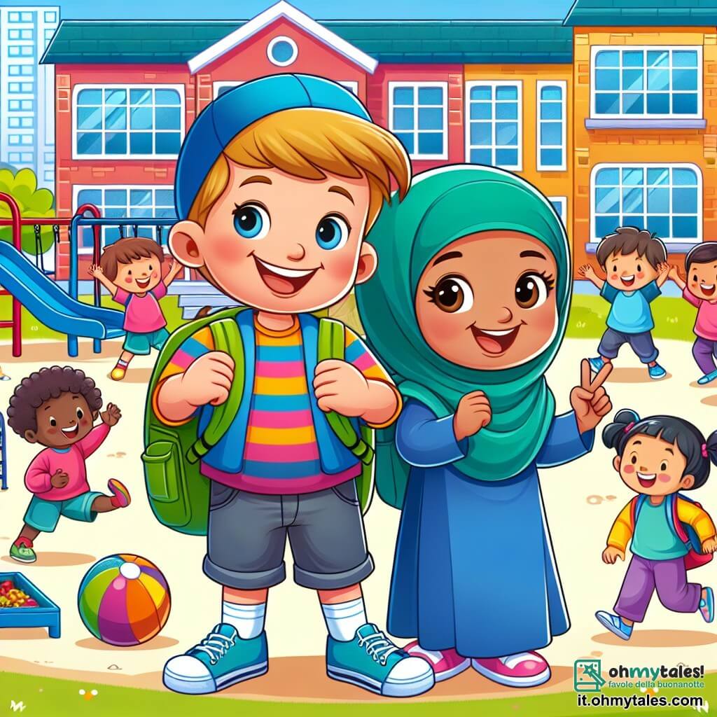 Une illustration destinée aux enfants représentant un petit garçon plein d'enthousiasme, portant un sac à dos coloré, accompagné d'un ami souriant, se tenant devant une école aux murs chatoyants, entourée de joyeux enfants qui jouent dans une cour remplie de balançoires, toboggans et cerceaux colorés.