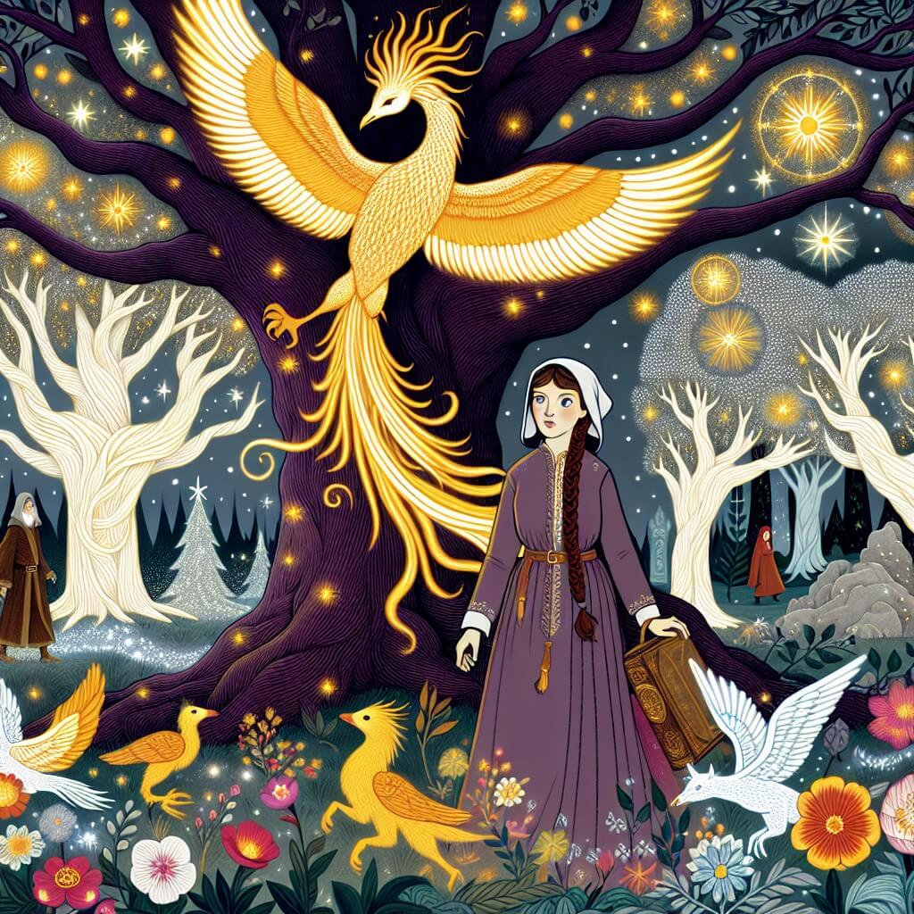 Une illustration destinée aux enfants représentant une femme courageuse et mystérieuse, se tenant devant un majestueux arbre millénaire, accompagnée d'une magnifique fenice dorée, dans un Bosco Incantato rempli de fleurs lumineuses, d'alberi aux feuilles argentées et de créatures magiques dansant dans l'air.