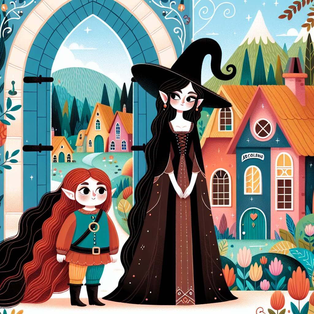 Une illustration destinée aux enfants représentant une sorcière aux longs cheveux noirs comme l'ebène, se tenant devant l'entrée d'une mystérieuse forêt enchantée, accompagnée d'un petit lutin roux, dans un village coloré appelé Arcobaleno.