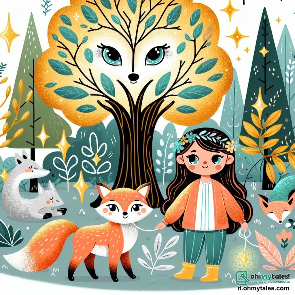 Une illustration destinée aux enfants représentant une petite fille aux yeux brillants, accompagnée d'une volpe magique, explorant le Cuore della Foresta, un endroit enchanté avec un grand albero d'oro, des foglie scintillantes et des créatures magiques.