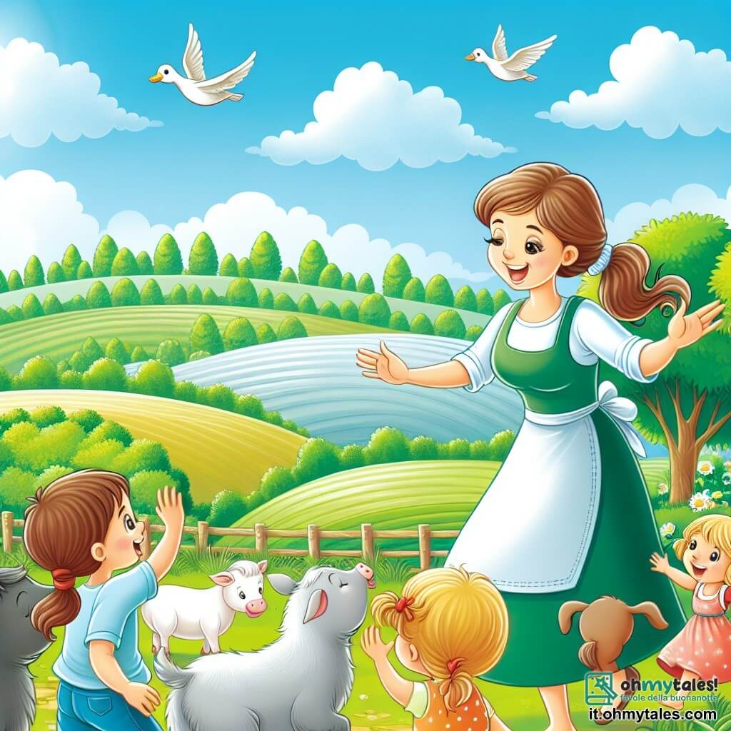 Une illustration destinée aux enfants représentant une femme souriante et dynamique, travaillant avec des enfants et des animaux dans une ferme entourée de champs verdoyants, de bosquets fleuris et d'un ciel bleu azur.