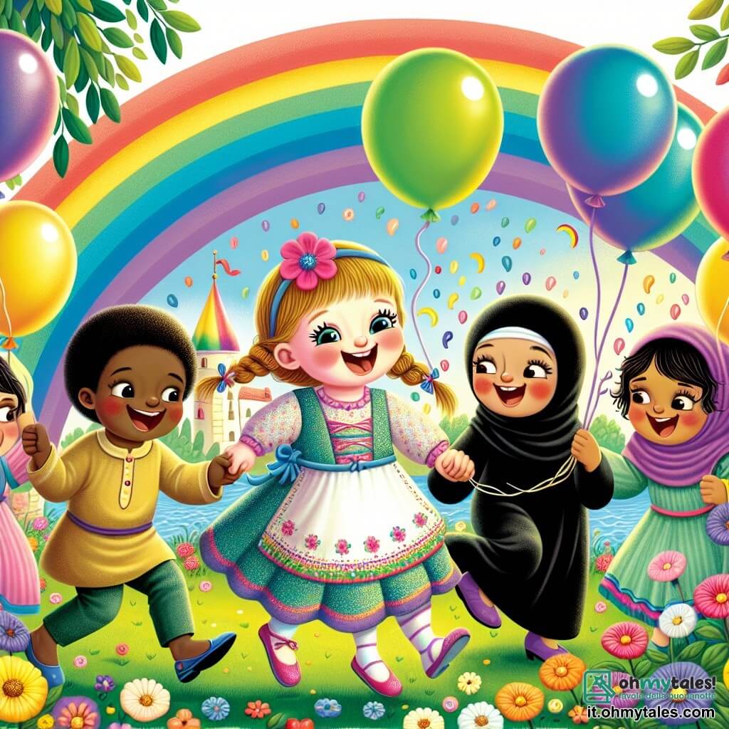 Une illustration destinée aux enfants représentant une petite fille espiègle et ses copains rigolos qui participent à une fête d'anniversaire pleine de couleurs et de ballons dans un jardin enchanté rempli de fleurs et d'arcs-en-ciel.