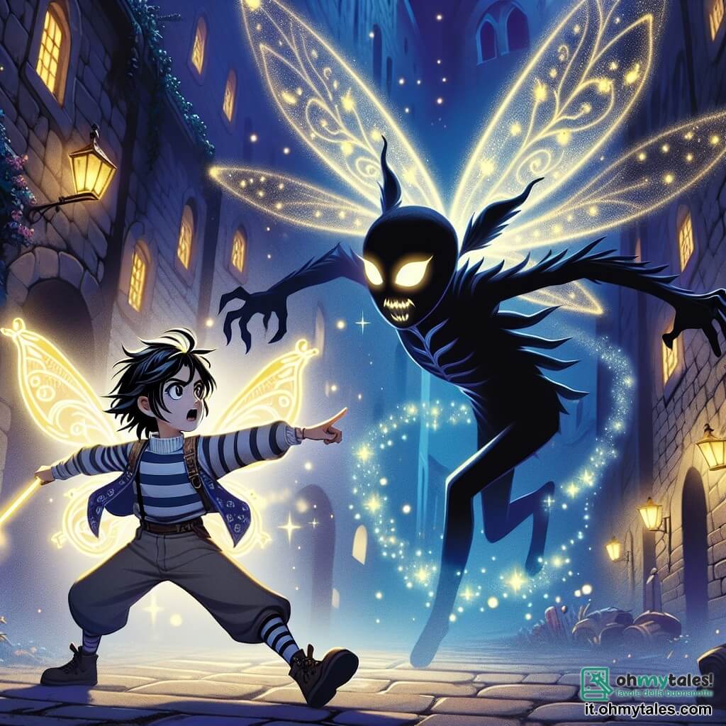 Une illustration destinée aux enfants représentant une jeune fille aux cheveux noirs comme la nuit, affrontant une ombre menaçante aux yeux brillants, aux côtés d'une fée lumineuse aux ailes scintillantes, dans la cité enchantée de Lumina, où les ruelles sinueuses se parent de lumières magiques.