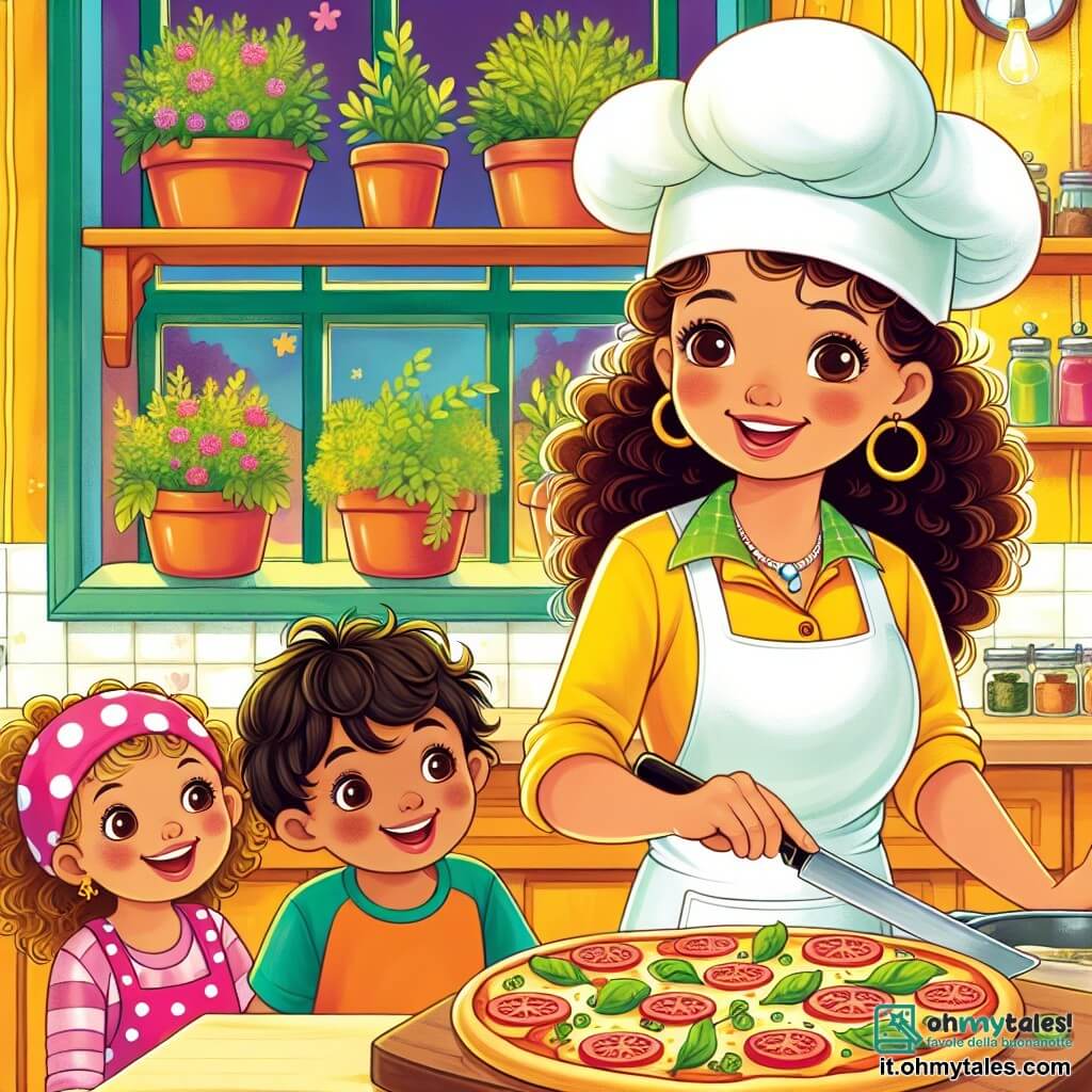 Une illustration destinée aux enfants représentant une chef cuisinière au sourire chaleureux, avec des cheveux bouclés et un tablier coloré, qui prépare une pizza délicieuse dans une cuisine lumineuse aux murs peints en jaune, ornée de pots d'herbes aromatiques sur les étagères, et d'une grande fenêtre laissant entrer la lumière du soleil, tandis que deux enfants, une fille pétillante et un garçon curieux, l'observent avec émerveillement et impatience.