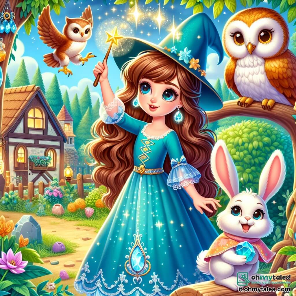 Une illustration sous forme de dessin destinée aux enfants représentant un jardin enchanté aux couleurs vives, avec des fleurs lumineuses et des arbres majestueux, où une jeune sorcière aux longs cheveux ondulés couleur châtain et portant une robe bleue brillante, lève sa baguette magique pour invoquer des étincelles scintillantes, tandis qu'un petit hibou sage aux plumes dorées et un joyeux lapin aux grandes oreilles blanches l'observent avec curiosité, alors qu'ils s'apprêtent à découvrir le Cristal de l'Équilibre, symbole de magie et d'harmonie dans leur village.