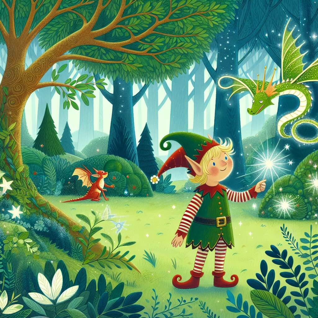Une illustration destinée aux enfants représentant une charmante elfe, perdue dans une forêt enchantée, faisant la rencontre d'un dragon étincelant, dans un écrin de verdure où les arbres semblent danser au rythme des murmures du vent.