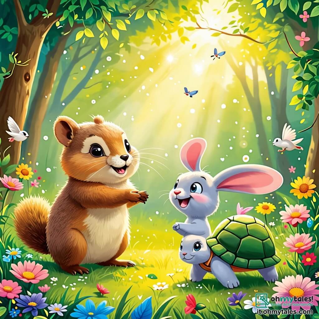 Une illustration sous forme de dessin destinée aux enfants représentant une radure ensoleillée au cœur d'une forêt colorée, où une petite marmotte au pelage brun et aux yeux pétillants danse joyeusement parmi des fleurs éclatantes, tandis qu'un coniglio aux grandes oreilles blanches et à la fourrure douce l'observe en souriant, et une sage tortue au carapace verte et aux yeux bienveillants les accompagne, tous célébrant l'amitié dans un cadre magique rempli de lumière et de chants d'oiseaux.