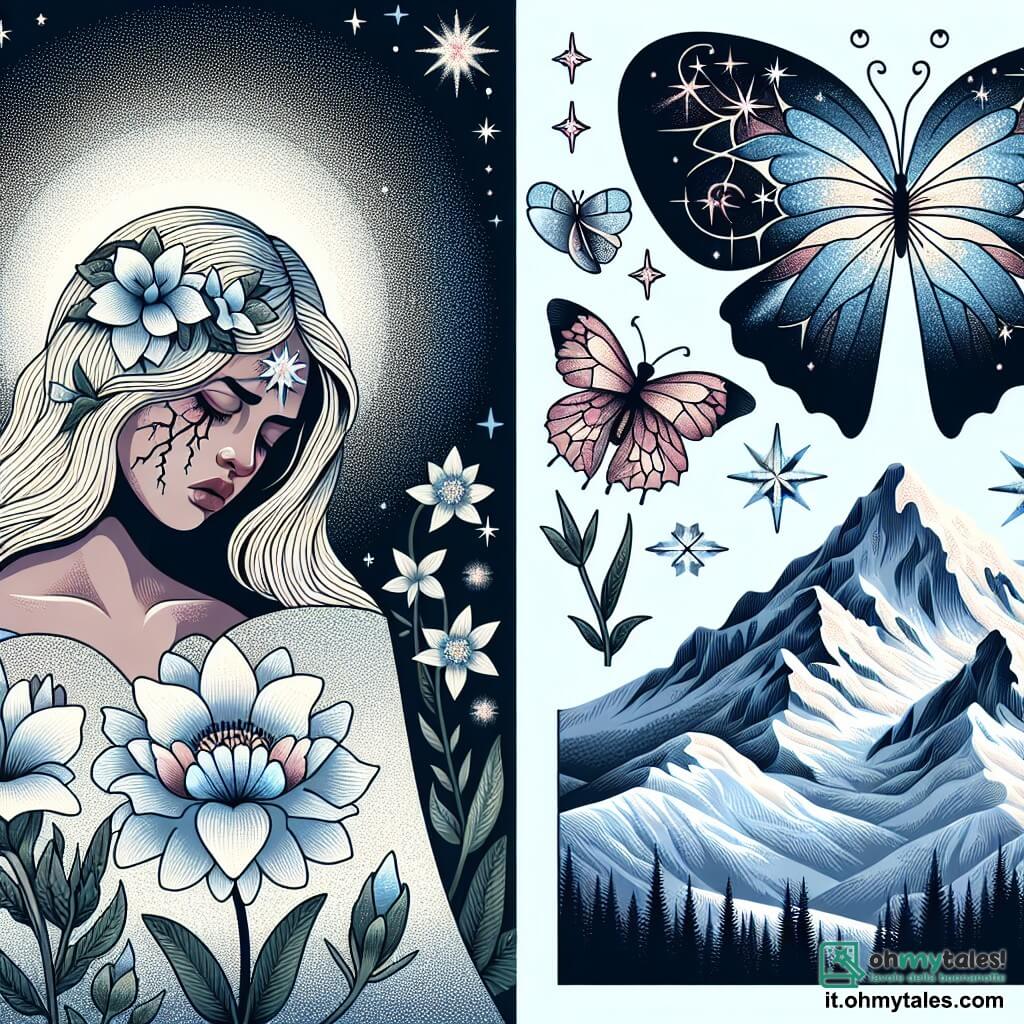 Une illustration destinée aux enfants représentant une femme au cœur brisé, une farfalla magique, une montagne enneigée ornée d'un rare Fiore di Luna.