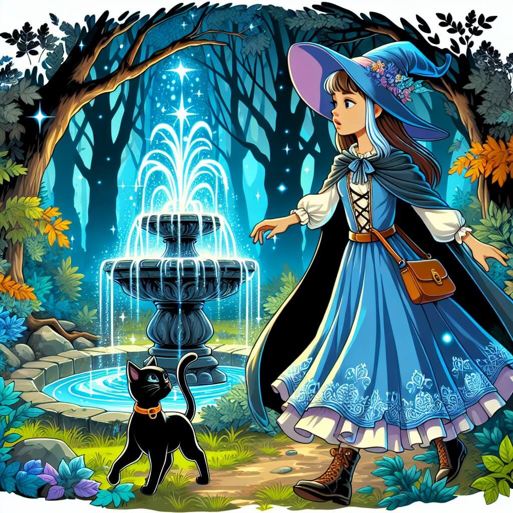 Une illustration destinée aux enfants représentant une apprentie sorcière, perdue dans une forêt enchantée, accompagnée de son fidèle chat noir, à la recherche de la mystérieuse Fontaine des Pouvoirs, au cœur d'une clairière baignée de lueur magique.