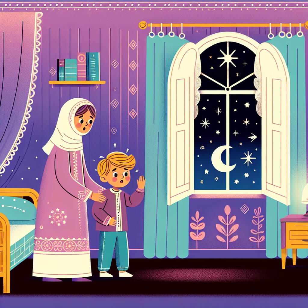Une illustration destinée aux enfants représentant un petit garçon intrépide, confronté à sa peur du noir, accompagné de sa maman aimante, dans une chambre chaleureuse aux murs couleur lavande, avec une fenêtre donnant sur un ciel étoilé et une lune brillante.